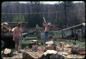 Sam Lovejoy (left) and Smokey Fuller splitting firewood, Wendell Farm