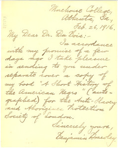Letter from Benjamin Brawley to W. E. B. Du Bois