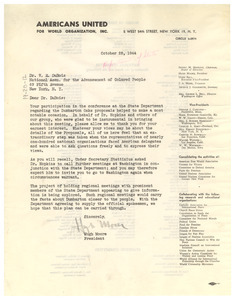 Letter from Americans United for World Organizations, Inc. to W. E. B. Du Bois