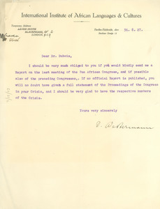 Letter from Diedrich Westermann to W. E. B. Du Bois