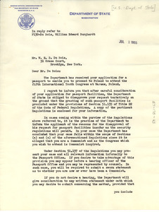 Letter from United States Passport Division to W. E. B. Du Bois