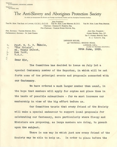 Letter from The Anti-Slavery and Aborigines Protection Society to W. E. B. Du Bois