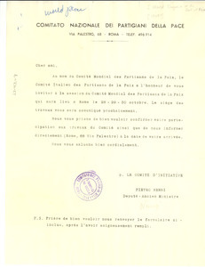 Circular letter from Comitato Nazionale Dei Partigiani Della Pace