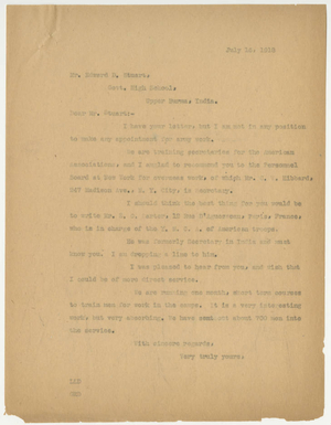 Letter from Laurence L. Doggett to Edward D. Stuart (July 16, 1918)
