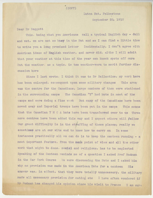 Transcription of a letter from John W Jefferson to Laurence L. Doggett (September 22, 1918)