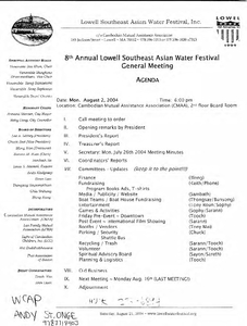 8th Annual Lowell Southeast Asian Water Festival General Meeting Agenda, 2004-08-02