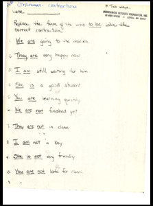 Worksheet to help students practice how to replace the form of the verb to be with the correct contraction, [1984]