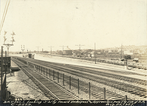 Dorchester Rapid Transit section 1. Looking southwest towards underpass and approaches from east side of the railroad