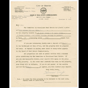 Form letter from Herman Carp of the Board of Real Estate Commissioners to Freedom House about sale of land at public auction