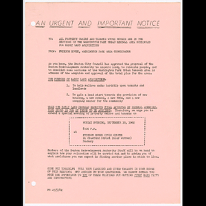 Memorandum from Freedom House, Washington Park Area Coordinator to all property owners and tenants whose houses are in areas scheduled for early land acquisition regarding special meeting on September 10, 1962