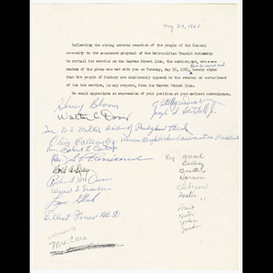 Draft of letter and petition from attendees of May 16, 1961 meeting to Mr. McLernon expressing opposition to the removal of Warren Street line with signatures of attendees