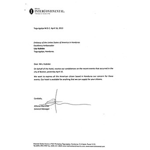 Letter from the General Manager of the Hotel Real Intercontinental Tegucigalpa to the Ambassador of the United States in Honduras