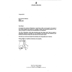 Letter from Xavier Trias, Mayor of Barcelona, to Mayor Thomas Menino