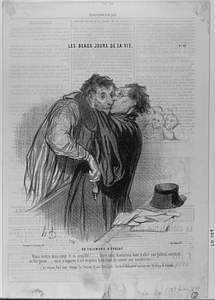 Un TRIOMPHE D'AVOCAT. Viens contre mon cœur, tu es acquitté!..... entre nous, tu méritais bien d'aller aux galères car tu es un fier gueux..... mais n'importe il est toujours bien doux de sauver ses semblables!..... (Le voleur, fort ému chippe la bourse de son défenseur, histoire d'emporter un souvenir d'estime et d'amitié).