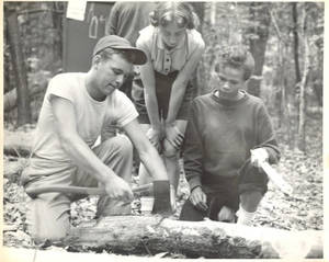 Campers using an axe at Freshman Camp (1953)
