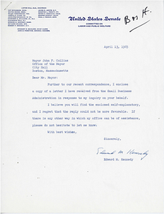 Senator Edward M. Kennedy letter to Mayor John Collins with attched letters