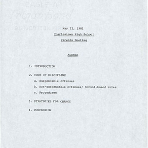 Agenda for the Charlestown High School parents meeting on May 22, 1981