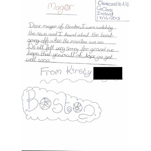 Handwritten Letter of Sympathy to the City of Boston from a 6th Grade Student at Clarecastle National School, Ireland.