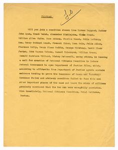 Draft telegram from the National Citizens Committee for Sacco and Vanzetti, circa August 23, 1927