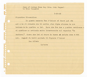 Copy of letter from Mrs. John Wager to Vincenzina Vanzetti, January 26, 1963