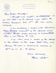 Letter and other materials from Mayor Kevin White to Judge W. Arthur Garrity with copy of speech on racial tensions, 1976 February 18