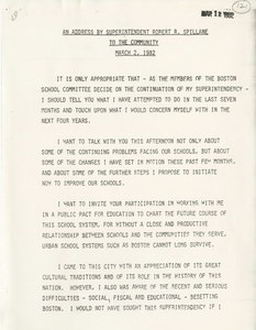 Address given by Robert R. Spillane, Superintendent of Boston Public Schools, to the community, 1982 March 2
