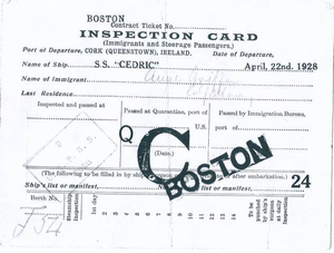 Anne Griffin Kane--inspection card ship to Boston