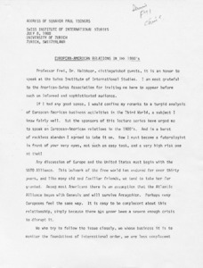 European-American Relations in the 1980's: Address of Senator Paul Tsongas to the Swiss Insitute of International Studies, University of Zurich, Zurich Switzerland