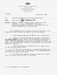 Memo to Chairman Bob Packwood and Chairman John Dingell from Jack Valenti regarding progress report on negotiations between the three networks and independent television stations