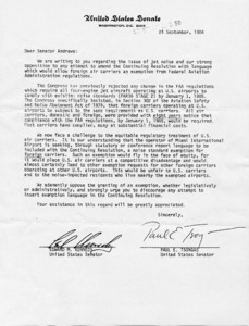 Letter to Senator Andrews from Paul Tsongas and Edward Kennedy regarding Federal Aviation Administration regulations for foreign carriers