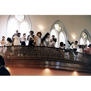 Blackstone Elementary School children singers waiting on the balcony before their performance at the opening of the Villa Victoria Cultural Center.