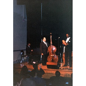 Israel "Cachao" Lopez (center, with bass) and fellow musicians performing in the Café Teatro series.