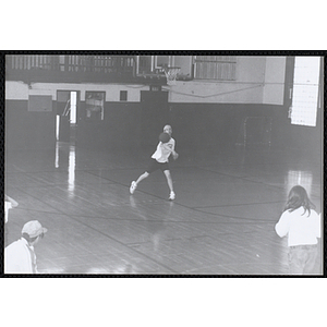 Several boys and girls playing dodgeball during the Boys and Girls Clubs of Boston 100th Anniversary Celebration event at the Charlestown Boys and Girls Club gymnasium