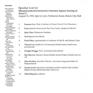 List of speakers for the Massachusetts Environmental Protection Agency hearing on Parcel C