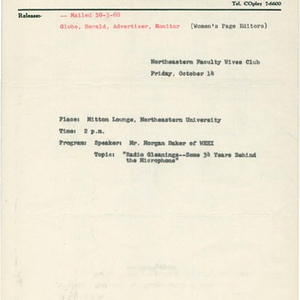 Northeastern University Press Releases, 1960-1961