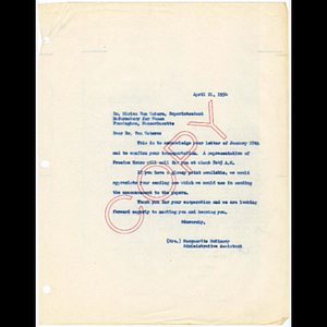 Letter from Marguerite McKinney to Miriam Van Waters, Superintendent of the Reformatory for Women, about arrangements for Freedom House Coffee Hour