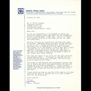 Letter from Joel P. Krensky of Colpitts Travel Center to Otto Phillip Snowden about travel arrangements for Goldenaires Barbados trip