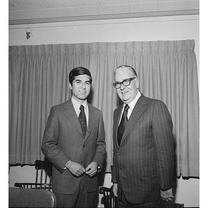 Michael Dukakis, left, and Northeastern President Asa S. Knowles pose together at a College of Criminal Justice event