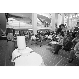 The crowd and the time capsule at the rededication ceremony for the Ell Student Center
