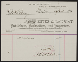 Billhead for Estes & Lauriat, publishers, booksellers, and importers, 301 to 305 Washington Street, Boston, Mass., dated December 24, 1881
