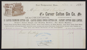 Billhead for the Carver Cotton Gin Co., machinists and manufacturers, East Bridgewater, Mass., dated December 10, 1884