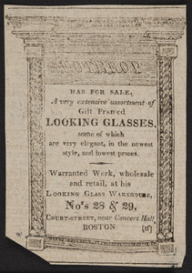 Advertisement for the Looking Glass Warehouse, S. Lothrop, Nos. 28 & 29 Court Street, Boston, Mass., 1815