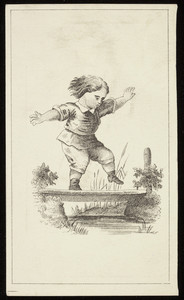 Trade card, little boy balancing on a footbridge, location unknown, undated