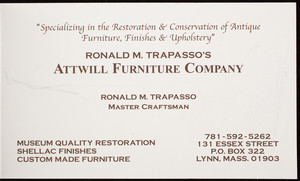 Business card for Attwill Furniture Company, antiques, 131 Essex Street, P.O. Box 322, Lynn, Mass., undated