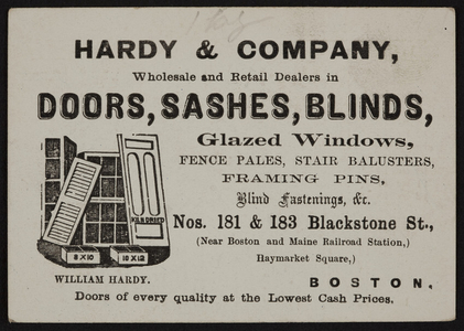 Trade card for Hardy & Company, doors, sashes, blinds, 181 & 183 Blackstone Street, Boston, Mass., undated