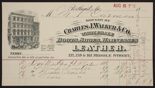 Billhead for the Charles J. Walker & Co., wholesale boots, shoes, harnesses and leather, 157, 159 & 161 Middle Street, Portland, Maine, dated August 19, 1890
