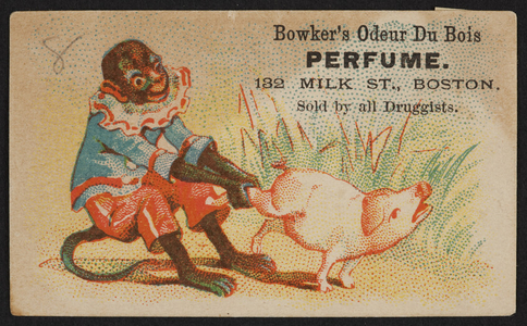 Trade card for Bowker's Odeur Du Bois Perfume, 132 Milk Street, Boston, Mass., undated