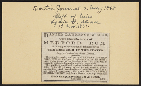 Advertisement for Daniel Lawrence & Sons, Medford Rum, Medford, Mass. and 555 Commercial Street, Boston, Mass., February 13, 1868