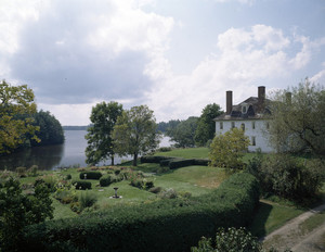 Exterior with garden and river view, Hamilton House, South Berwick, Maine