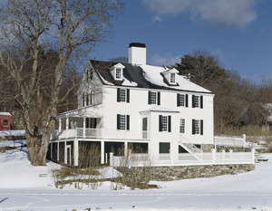 Exterior view of rear facade in snow, Sayward-Wheeler House, York Harbor, Maine